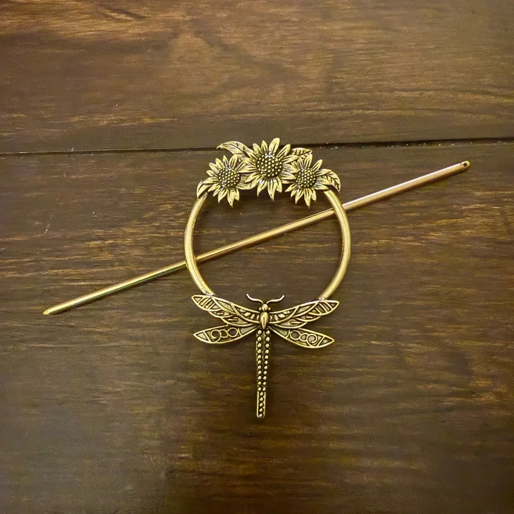 Gold Dragonfly Sunflower Hair Pin - Picture 2 of 4